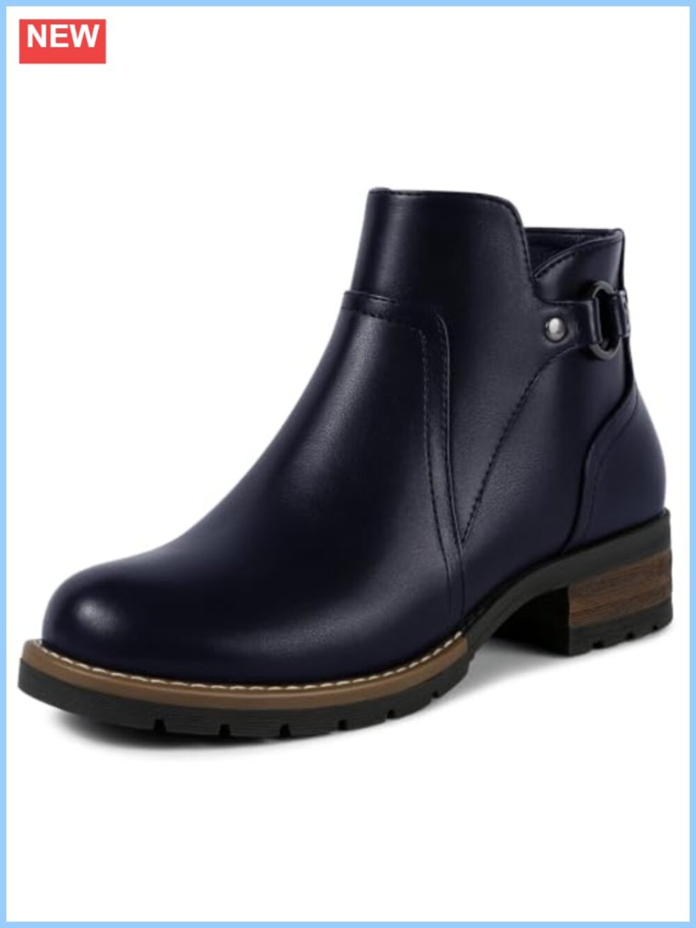 Faux Leather Ankle Booties Block Heel Lug Sole Side Zip Round Toe